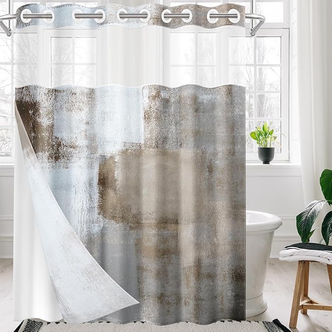 No Hook Grey Brown Painting Shower Curtain with Snap in Fabric Liner Set, Gray Abstract Double Layers Waterproof Fabric with See Through Top Window Open Grommet Bath Curtain 71x74 Inch