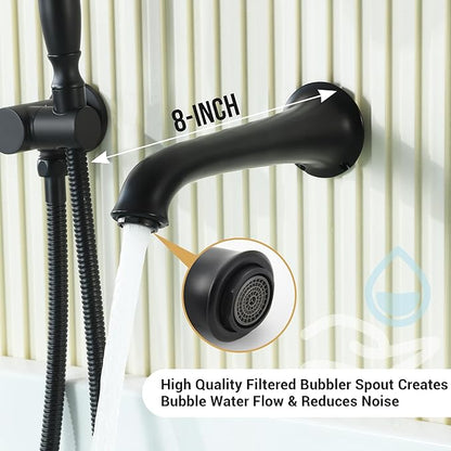 DASAN Antique Wall Mount Tub Filler Faucet with Hand Held Shower, Matte Black Bathtub Faucet with Sprayer Wall Mounted Roman Bath Tub Faucet Set with High Flow Rough in Valve, AT201TF-MB