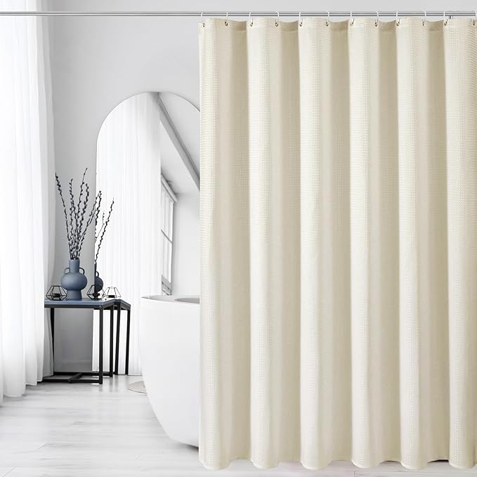 Gibelle Long Shower Curtain 72 x 78, Tall Waffle Weave Textured Fabric Shower Curtain for Bathroom, Water Repellent, Machine Washable, Ivory