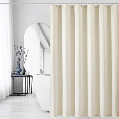 Gibelle Long Shower Curtain 72 x 78, Tall Waffle Weave Textured Fabric Shower Curtain for Bathroom, Water Repellent, Machine Washable, Ivory