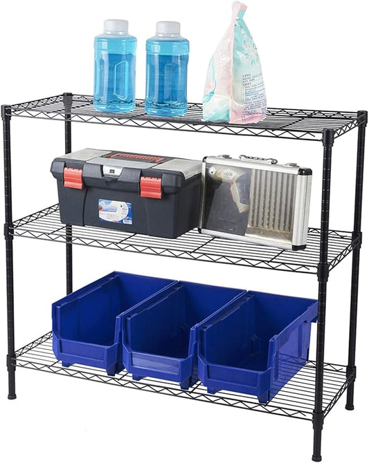 3 Tier Storage Racks Shelving, Heavy Steel Pantry Shelves, Adjustable Wire Shelving Rack, Suitable for Garage, Kitchen, Bathroom, Office, 35" W x 14" D x 31" H, Black