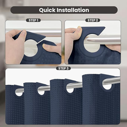 Inhousolu No Hook Waffle Weave Shower Curtain with Removable Snap in Fabric Liner Set for Bathroom, 230 GSM Heavy Duty Weighted Hem, Water Repellent Washable Bath Curtains, 72 x 72 Inch, Navy Blue