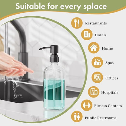 AmazerBath Soap Dispenser, 2 Pack Glass Soap Dispenser with Stainless Steel Pump, 17 Oz Bathroom Hand Soap Dispensers Bottle for Bathroom & Kitchen, Clear & Black
