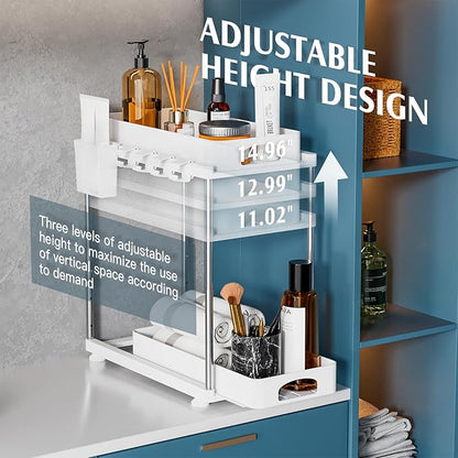 VERIFOST 2 Pack Under Sink Organizers and Storage, Double Sliding Kitchen Cabinet Organizer, 2 Tier Height Adjustable Countertop Organizer for Kitchen Bathroom Laundry, White
