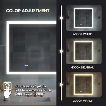 WELLFOR 36 x 32 Inch LED Medicine Cabinet with Lights, 3X Magnification Makeup Mirror, Bathroom Vanity Mirror Cabinet with Storage, Anti Fog, Surface or Recess Mount, Double Opening Door