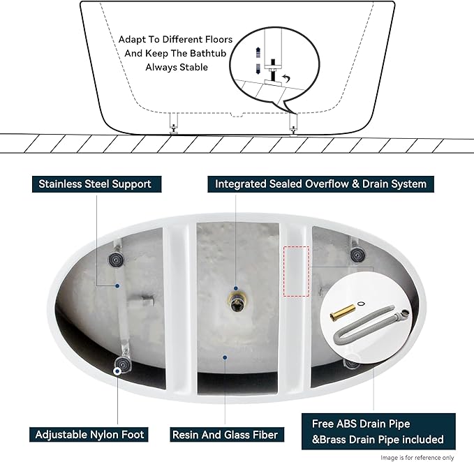 FerdY Tahiti 55" Acrylic Freestanding Bathtub, Elegant Oval Shape Soaking Bathtub, Glossy White, Chrome Drain & Integrated Slotted Overflow Assembly Included cUPC Certified