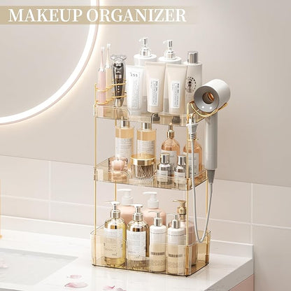 Bathroom Counter Organizer with Hair Dryer Holder, Hair Tool Countertop Storage, Cosmetics Skincare Shelf Organizer, Makeup Organizer Perfume for Dresser Vanity Tray(3 Tier-Gold)
