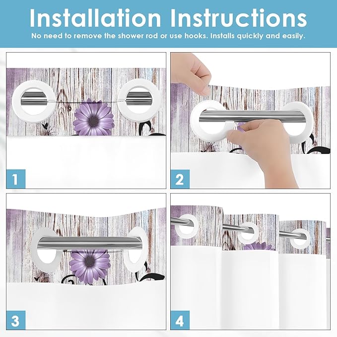 No Hook Purple Flower Shower Curtain with Snap in Fabric Liner Set, Rustic Farmhouse Daisy Double Layers Waterproof Fabric with See Through Top Window Open Grommet Bath Curtain 71x74 Inch