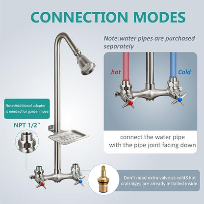 Aolemi Outdoor Shower Kit,Outdoor Shower Fixtures Faucet System with Brass Showerhead,Double Handle Exposed Shower with Brass Mix Valve,6 Inch Center with Soap Dish,Pipe Upward,Brushed Nickel