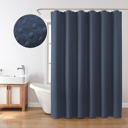 Inhousolu Fabric Shower Curtain Waffle Weave, Navy Blue 230 GSM Heavy Duty, Weighted Hem, 14 Metal Hooks, Water Repellent, Machine Washable, Hotel Spa Luxury Bath Curtain Set, 72 x 72 Inch
