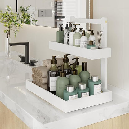 Bamboo Under Sink Organizer and Storage, 2 Tier Pull Out Cabinet Organizer, Slide Out Under Sink Storage Shelf, Undersink Organizers Shelves for Kitchen Bathroom Organization (White, 1 Pack)