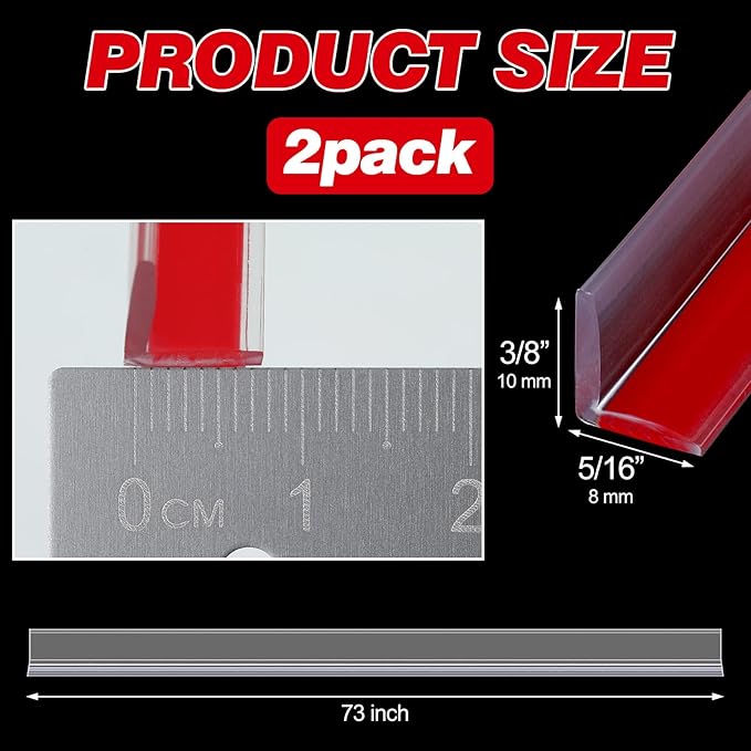 2 Pcs 3/8'' x 73'' Long Clear Vinyl L-Type Seal Strip with Pre-Applied Self Adhesive Threshold Water Dam Barrier Bathroom Glass Shower Door Seal Strip for Gap Frameless Shower Door