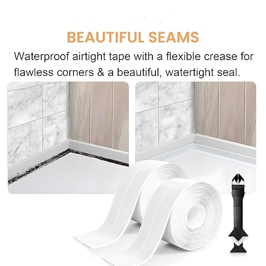White Caulk Tape Waterproof Self Adhesive, Caulking Tape, Sealer Strip for Bathroom, Toilet Base, Shower, Bathtub, Sink, Countertop Edge Protector, Easy to Use with Silicone Caulking Tool