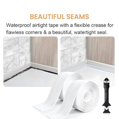 White Caulk Tape Waterproof Self Adhesive, Caulking Tape, Sealer Strip for Bathroom, Toilet Base, Shower, Bathtub, Sink, Countertop Edge Protector, Easy to Use with Silicone Caulking Tool