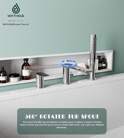 Modern Chrome Roman Tub Faucet with 360° Rotated Spout, Deck Mount Bathtub Faucet with Hand Shower, Widespread 3 Holes Bath Tub Filler Faucet Rough In Valve Included (Chrome)