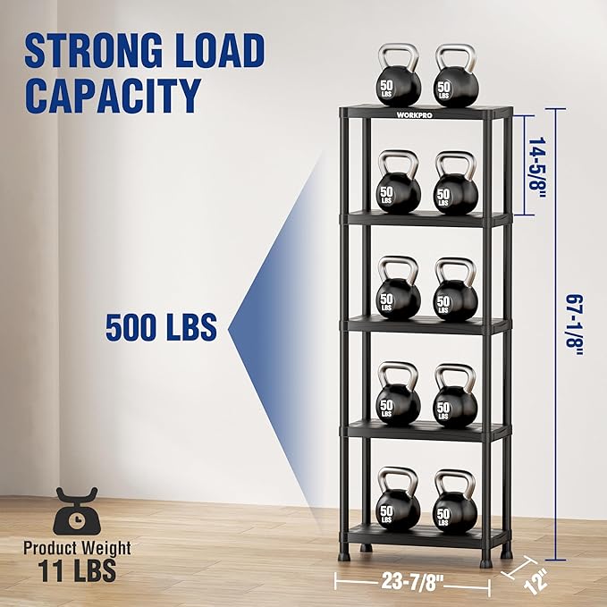 WORKPRO 5-Tier Plastic Storage Shelves, 500lb Capacity Shelving Unit, 67.1" H x 23.9" W x 12" D, Storage Rack for Garage, Home, Pantry, Office, Laundry, Tool-Free Assembly, Black