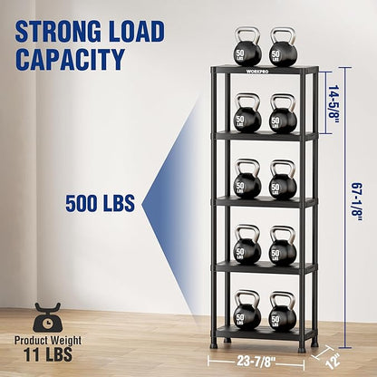 WORKPRO 5-Tier Plastic Storage Shelves, 500lb Capacity Shelving Unit, 67.1" H x 23.9" W x 12" D, Storage Rack for Garage, Home, Pantry, Office, Laundry, Tool-Free Assembly, Black