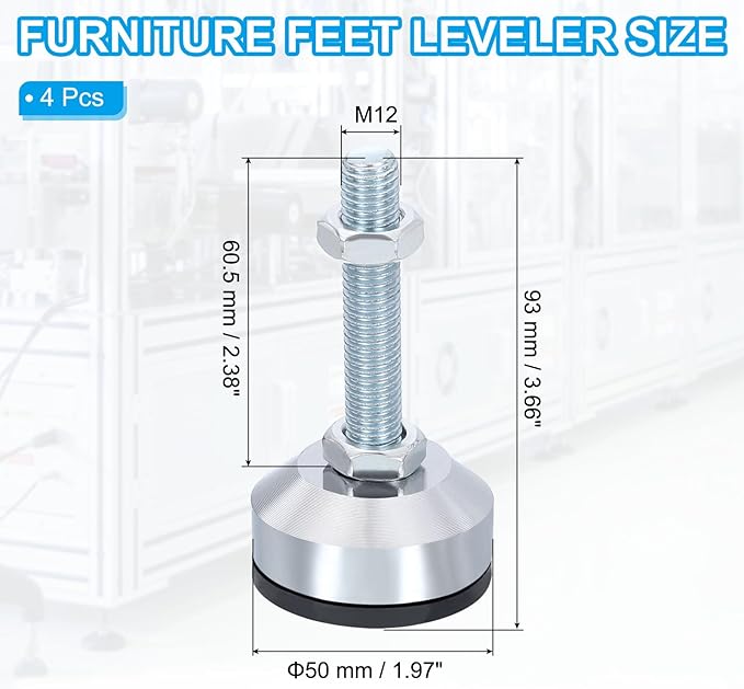 PATIKIL Furniture Leveling Feet 2" Dia Base M12 Thread, 4 Pcs Carbon Steel Adjustable Threaded Furniture Levelers Screw on Leg Leveler with Pads for Desk Chair Cabinet, Black