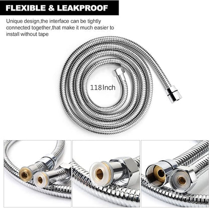 Shower Hose Extra Long 118 Inches Brushed Chrome Handheld Shower Head Hose with Brass Insert and Nut - Lightweight and Flexible
