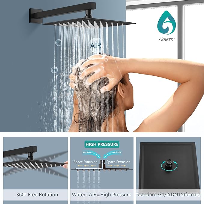 Aolemi Shower Faucet Set, High Pressure Shower System with 2-in-1 Handheld Sprayer, Wall Mount Fixture Combo with Rough-in Valve, 12 Inch Shower Head, Matte Black