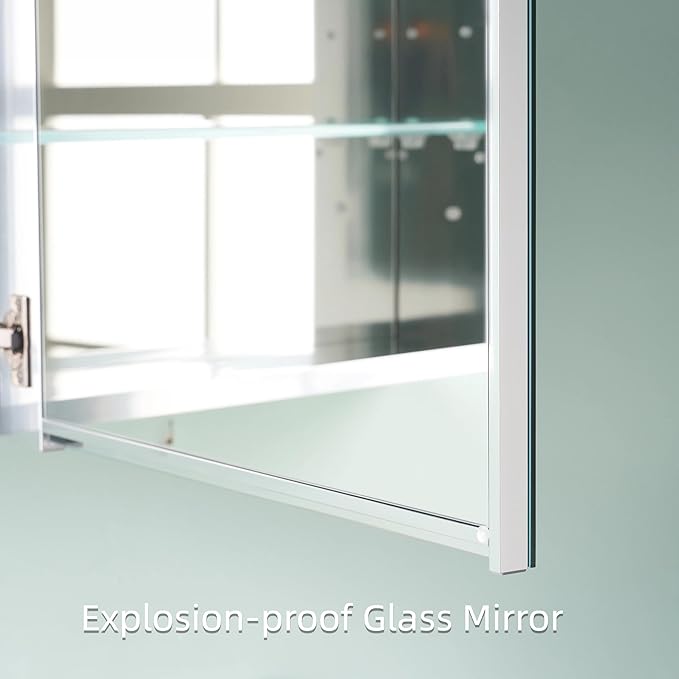 WELLFOR 40" x 30" Bathroom Medicine Cabinet, Anodized Chrome Aluminum Frame, Medicine Cabinet with Adjustable Glass Shelves, Bathroom Mirror Cabinet, Surface or Recessed Mount, Three Doors