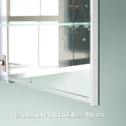 WELLFOR 30" x 30" Bathroom Medicine Cabinet, Anodized Chrome Aluminum Frame, Medicine Cabinet with Adjustable Glass Shelves, Bathroom Mirrored Cabinet, Surface or Recessed Mount, Double Doors