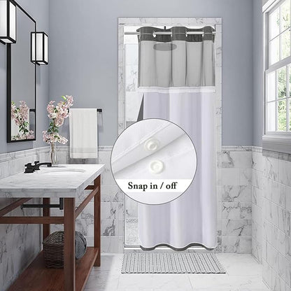 Gibelle Stall Small Shower Curtain 36x74, Waffle Weave Shower Curtain with Snap-in Fabric Liner Set, No Hooks Needed, Hotel Style with Mesh Top Window, Charcoal Grey