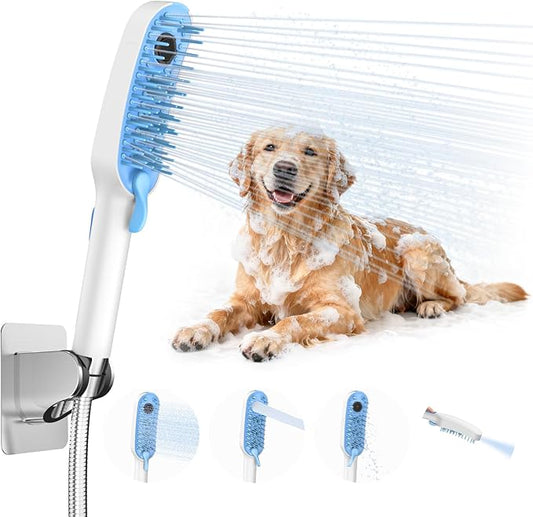 4 Mode Dog Shower Attachment, Dog Shower Sprayer with 78 Inches Stainless Steel Hose, ABS Diverter, Adhesive Holder, for Fast Easy Dog Bathing and Cleaning, Indoor/Outdoor Use