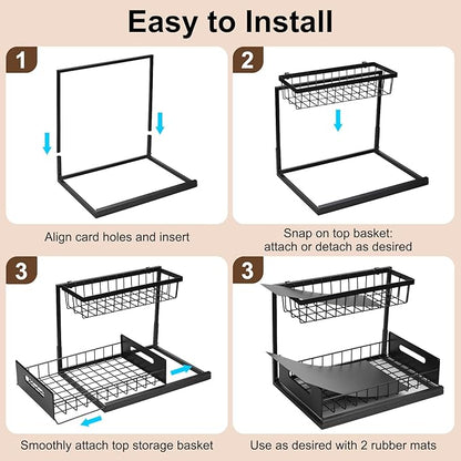 Under Sink Organizer Pull Out Kitchen Sink Organizer, 2 Tier L-Shape Bathroom Organizers and Storage with Sliding Drawer for Kitchen Bathroom Pantry (Black, 1 Pack)