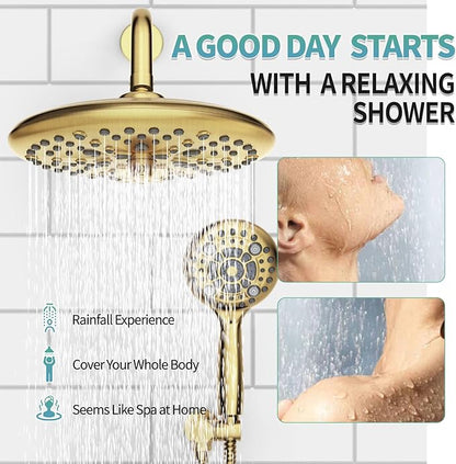 SR SUN RISE Shower Faucet - 10 Inch Multifunctional High Pressure Shower Head System with Handheld Shower Head Fixtures - Valve Included - Brushed Gold