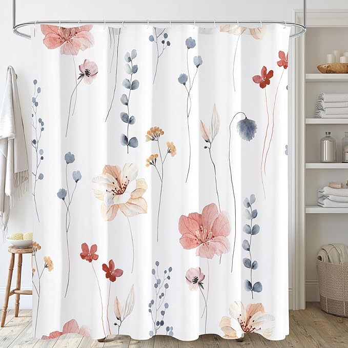 Gibelle Extra Long Shower Curtain 72 x 84, Watercolor Floral Fabric Shower Curtain, Coral Beige Flower Decorative Bathroom Shower Curtain Set