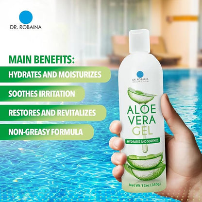 Dr. Robaina Natural Aloe Vera Gel with Emu Oil – Hydrating & Soothing Daily Skin Care for Dry Skin, Sun-Exposed Comfort & Irritation Relief – Non-Greasy, Quick-Absorbing – 12 oz | Made in USA