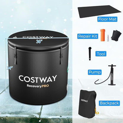 COSTWAY L 79 Gal Oval Ice Bath Tub with Cover, Portable Outdoor Inflatable Cold Plunge Tub with Backpack, Pump, for Cold Therapy, Compatible with Water Chillers, Black