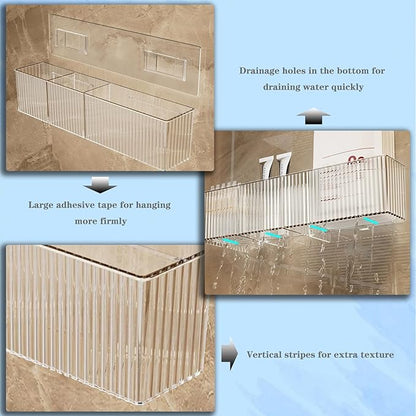 2 Pack Bathroom Makeup Organizer Wall Mount Clear Bathroom Organizers and Storage with 3 Compartments Plastic Storage Organizer Bins Floating Shelves for Wall, Narrow Space, Office, Bedroom 14''Length