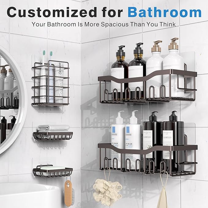 EUDELE 5-Pack Rustproof Stainless Steel Shower Caddy Set– No Drill Adhesive Bathroom Organizer, Space-Saving Shower Shelves for Apartment Essentials, Bathroom/Kitchen Storage Home Decor-L Size
