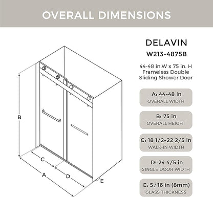 DELAVIN 44"-48"W x 75"H Frameless Shower Door, Double Sliding Shower Door, 5/16"(8mm) Clear Tempered Glass, Noiseless Shatterproof Shower Doors with Square Rail, Stainless Steel, Aluminum, Matte Black