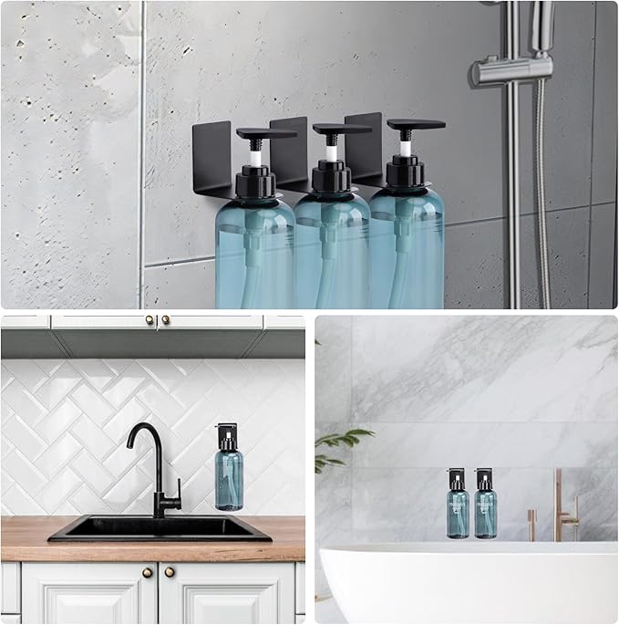 Segbeauty Adhesive Bottle Holder, 3pcs Stainless Shampoo Bottle Holder, Black Drill-Free Shower Dispenser Rack, Rustproof Shampoo and Conditioner Dispenser Wall Mount for Dia 1.15in 3cm Bottles Mouth