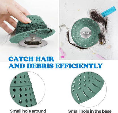 zaa Bathtub Drain Hair Catcher, Premium Silicone Collapsible 2 Pack Drain Protector for Pop-Up & Regular Drains of Shower, Bathtub, Tub, Bathroom, Sink, Gray Green