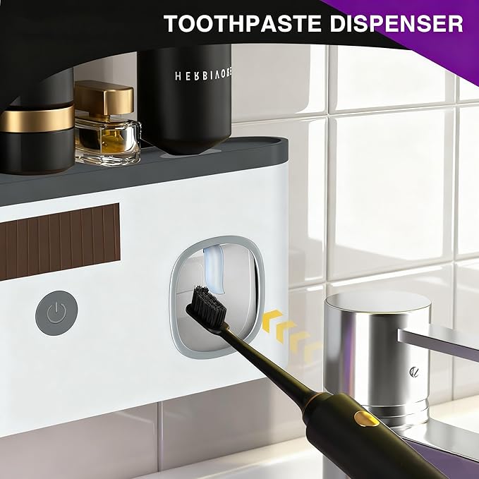 Wall Mounted Toothbrush Holder with Toothpaste Dispenser Electric Toothbrush Holder for Bathroom Solar Charging and No Drilling Required Smart Toothbrush Organizer with 5 Brush Slots