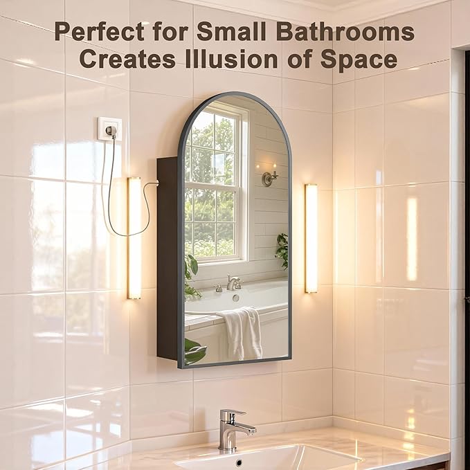 FKWin Medicine Cabinet Mirror with Power Outlet, Black Bathroom Mirror Medicine Cabinet for Left or Right Opening, not Recessed, Ample Vanity Mirror with Storage for Homeowner, Black, 20x34 inch