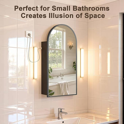 FKWin Medicine Cabinet Mirror with Power Outlet, Black Bathroom Mirror Medicine Cabinet for Left or Right Opening, not Recessed, Ample Vanity Mirror with Storage for Homeowner, Black, 20x34 inch