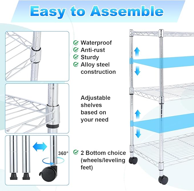 Whitmor 3 Tier Storage Shelves, Heavy Duty with Wheels, 400 lbs Capacity per Shelf, Max 1200 lbs Total, Adjustable Shelving Unit for Garage, Kitchen, Bathroom, 24" L x 14" W x 30.5" H, Chrome