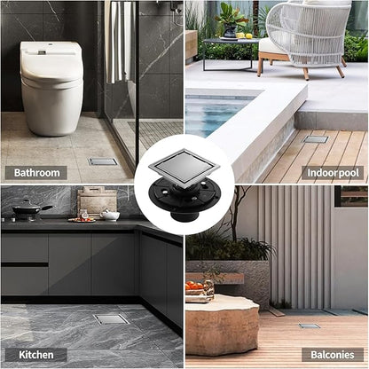 Hidden Brushed Square Shower Floor Drain, Silver 4 inch, 304 Stainless Steel, with Flange, Detachable Cover Embedded with Ceramic Tiles