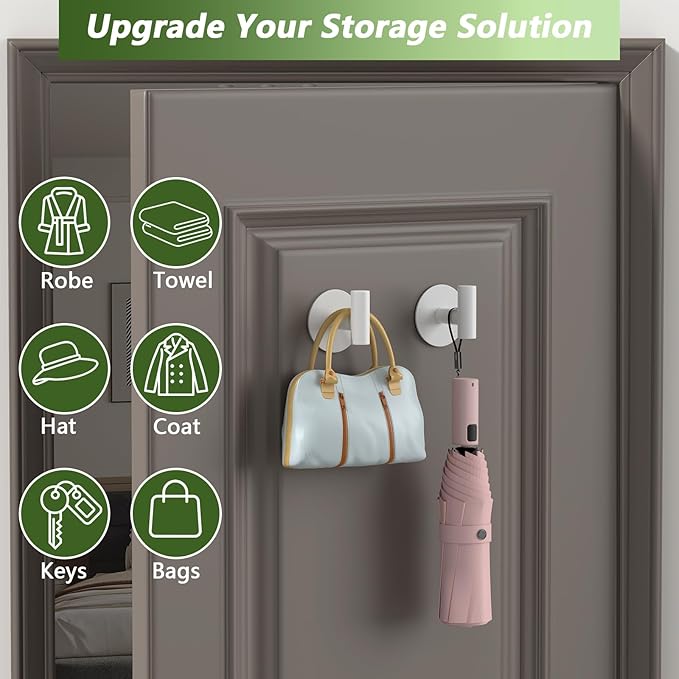 Heavy Duty White Towel Hooks, Stainless Steel Adhesive Coat Hooks for Bags, Towels, Robes, Hats, Aprons – No Drill Bathroom, Kitchen, Hotel Wall Hooks (2 Pack)