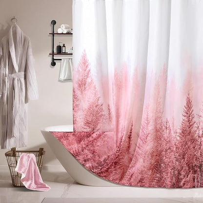 ORTIGIA Pink Shower Curtain with Misty Forest Patten for Bathroom, Nature Woodland Shower Curtain Set with Hooks, Weighted Waterproof Pine Tree Fog Magic Bath Curtain, 72x72