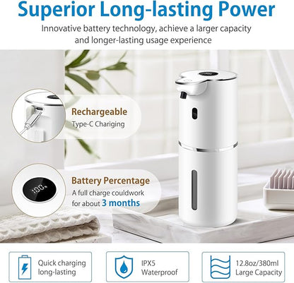 Automatic Liquid Soap Dispenser 12.8oz, Rechargeable & 6 Levels Soap Adjustable with Digital Display, Wall Mount, Waterproof, Touchless Hand/Dish Soap Dispenser for Kitchen, Bathroom, Hotel