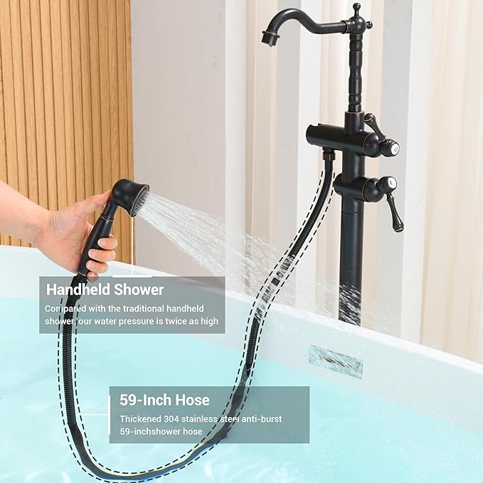 Oil Rubbed Bronze Freestanding Bathtub Faucet Sets Single Handle with 360° Swivel Spout Floor Mount Tub Filler with Handheld Sprayer, Floor Mount Bathtub Faucet, 47.2-Inch, JBTF430-ORB