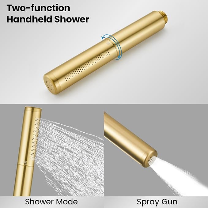 Airuida Shower Fixtures 2 Functions Shower Faucet Set Wall Mounted for Bathroom High Pressure Brass Handheld Shower with Rough-in Valve Round Rainfall 10 Inch Shower Head Brushed Gold