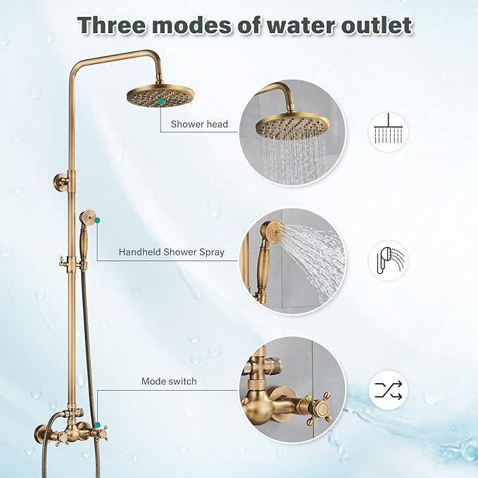 NeierThodore Antique Brass Bathroom Shower Faucet System Set 8 Inch Rainfall Shower Head Handheld Spray 2 Knobs Mixing