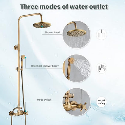 NeierThodore Antique Brass Bathroom Shower Faucet System Set 8 Inch Rainfall Shower Head Handheld Spray 2 Knobs Mixing
